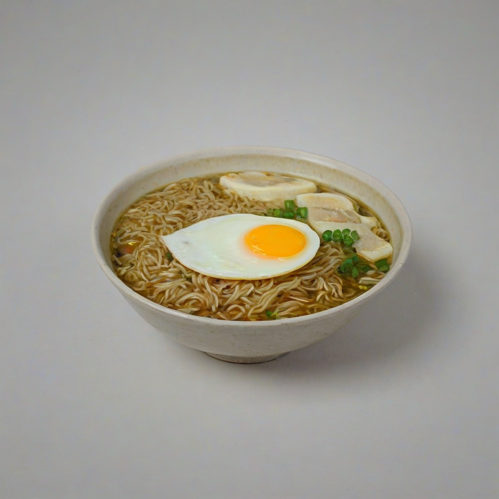 bowl of ramen with half of an egg in it, on a plain white background, even lighting