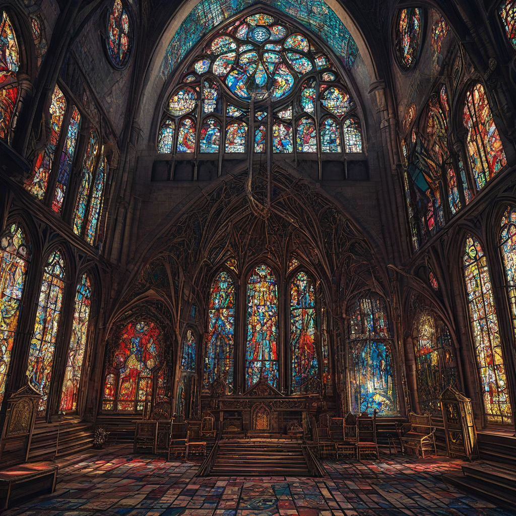 2D cartoon drawing style large throne room with an empty throne sitting at the back of the room, large stained glass windows behind the throne with dragon designs made from the multicolored glass, large hanging tapestries hanging on the side walls that depict images of war, natural lighting from the stained glass windows, eerie aesthetic