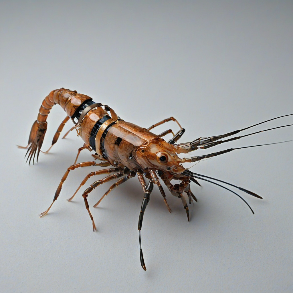 robotic shrimp, on a plain white background, even lighting