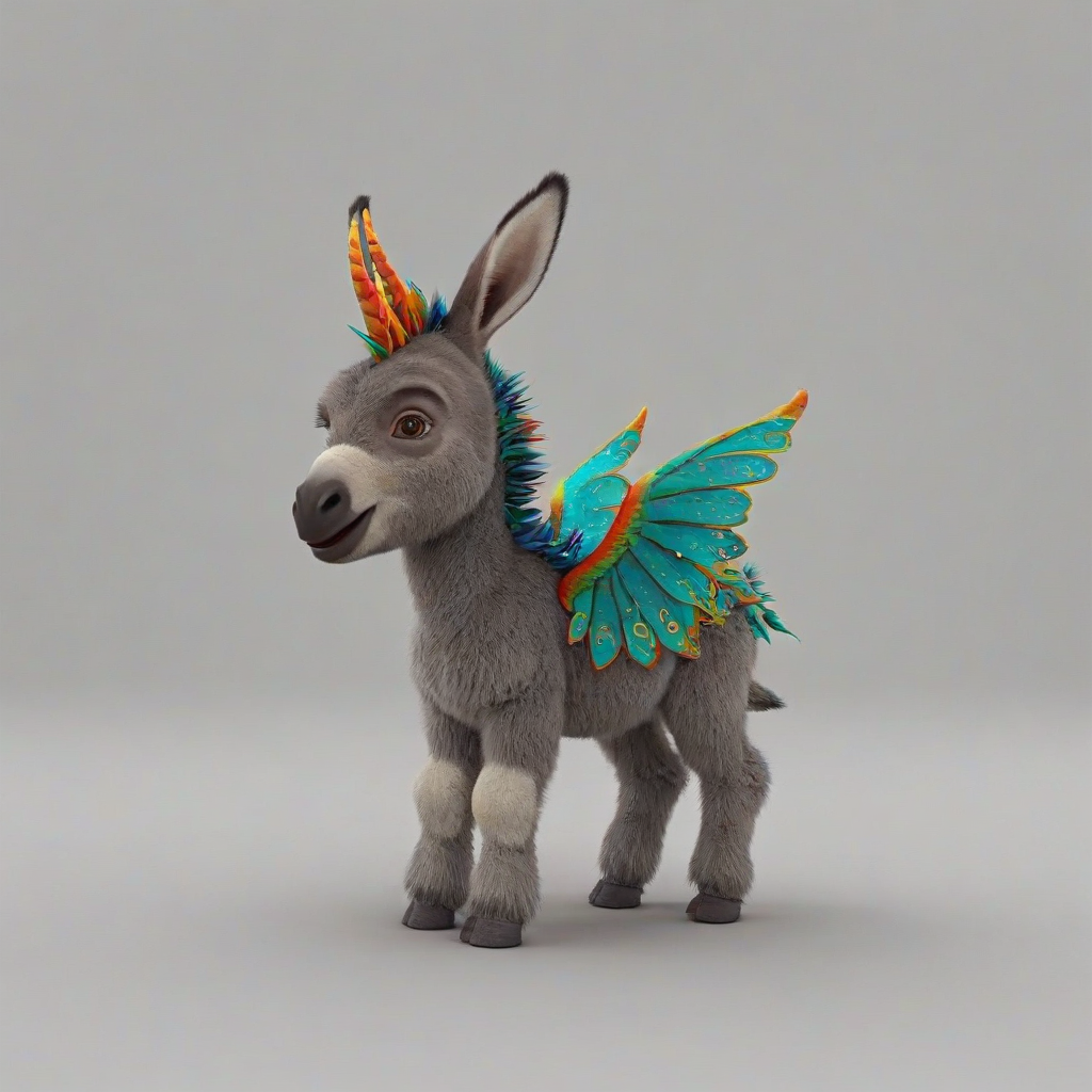 3D cartoon animation, baby donkey with a pair of small, colorful dragon wings sprouting from his back, on a plain white background, even lighting
