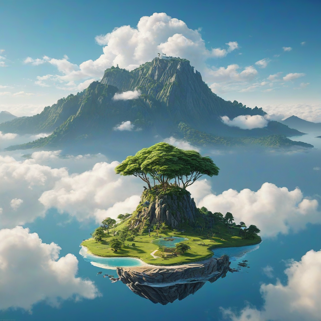 A serene floating island with lush green trees, a few white fluffy clouds, and a serene landscape set against a brilliant sky blue background, in a photorealistic style, with a wide-angle view and soft natural lighting, on a plain white background, with a mountain rising from the base of the island, full-body view of the island and the mountain with the base visible, on a plain white background, even lighting