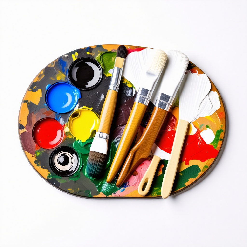 A paint palette with several different paint colors on it and a couple of paint covered paintbrushes resting on it