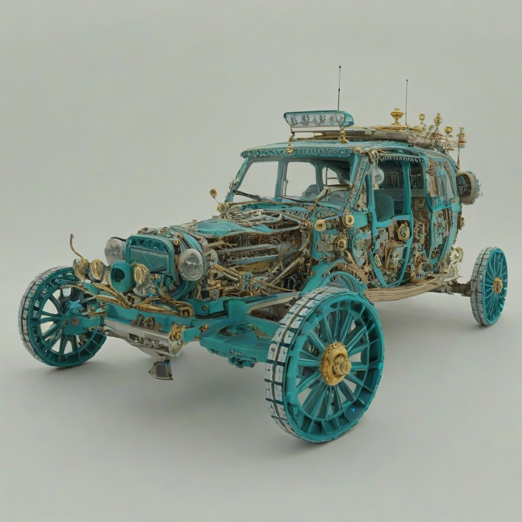 A full-body view of a turquoise rover with intricate baroque details, set against a plain white background, with a wide-angle shot and soft, natural lighting, emphasizing the vehicle's complex design and mechanical features