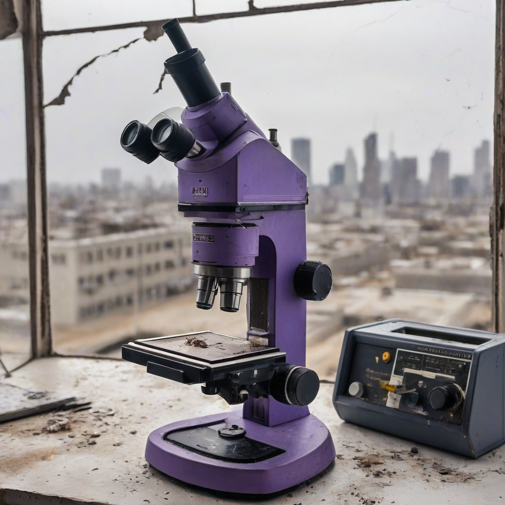 A wide shot of a lone, intact, violet-colored microscope standing upright on a dusty, worn, laboratory counter in a post-apocalyptic setting, with a blurred, destroyed cityscape visible through a cracked window in the background, on a plain white background, full-body view of the microscope, with proper lighting and no shadows, in the style of a digital illustration, with a focus on the microscope's intricate details and the desolate atmosphere, no humans or animals in sight, with the microscope being the main subject and center of attention, on a plain white background, even lighting