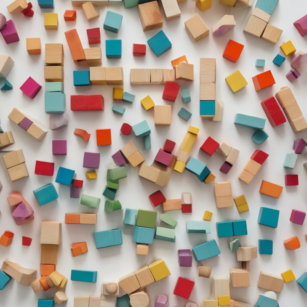 A wide shot of randomly stacked colorful toy blocks, with a mix of square, rectangular, and cylindrical shapes, on a plain white background, with soft, natural light and subtle shadows, in a playful, whimsical style, with bold, vibrant colors and textures, full-body view of the blocks, with the entire stack visible, and the blocks extending from the bottom to the top of the frame, on a plain white background, even lighting 