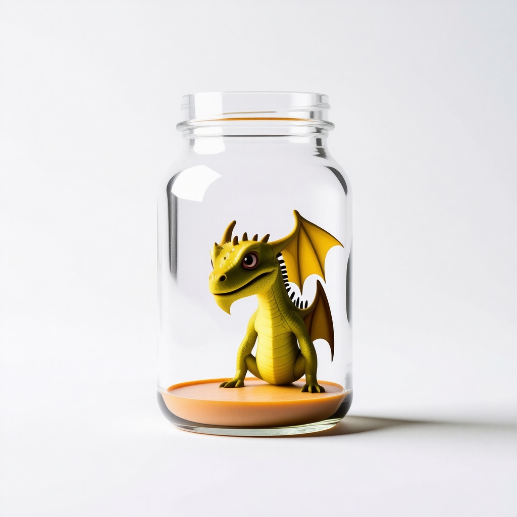 A tiny yellow wyvern stuck inside a jar.