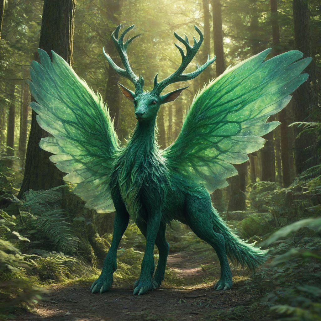 A full-body view of a green fantasy creature with a long, fluffy tail and catlike ears, and it has large, branching antlers, and two huge, open wings on it's back, in a forest, in a whimsical, dreamlike illustration style with soft, vibrant colors and delicate textures, with backlight and dynamic shadows