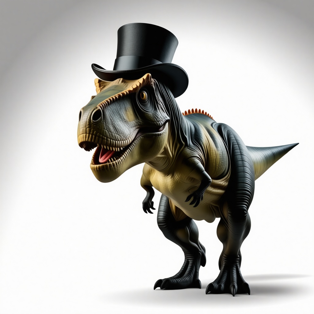 A T-rex full body wearing a Top hat and a bowtie
