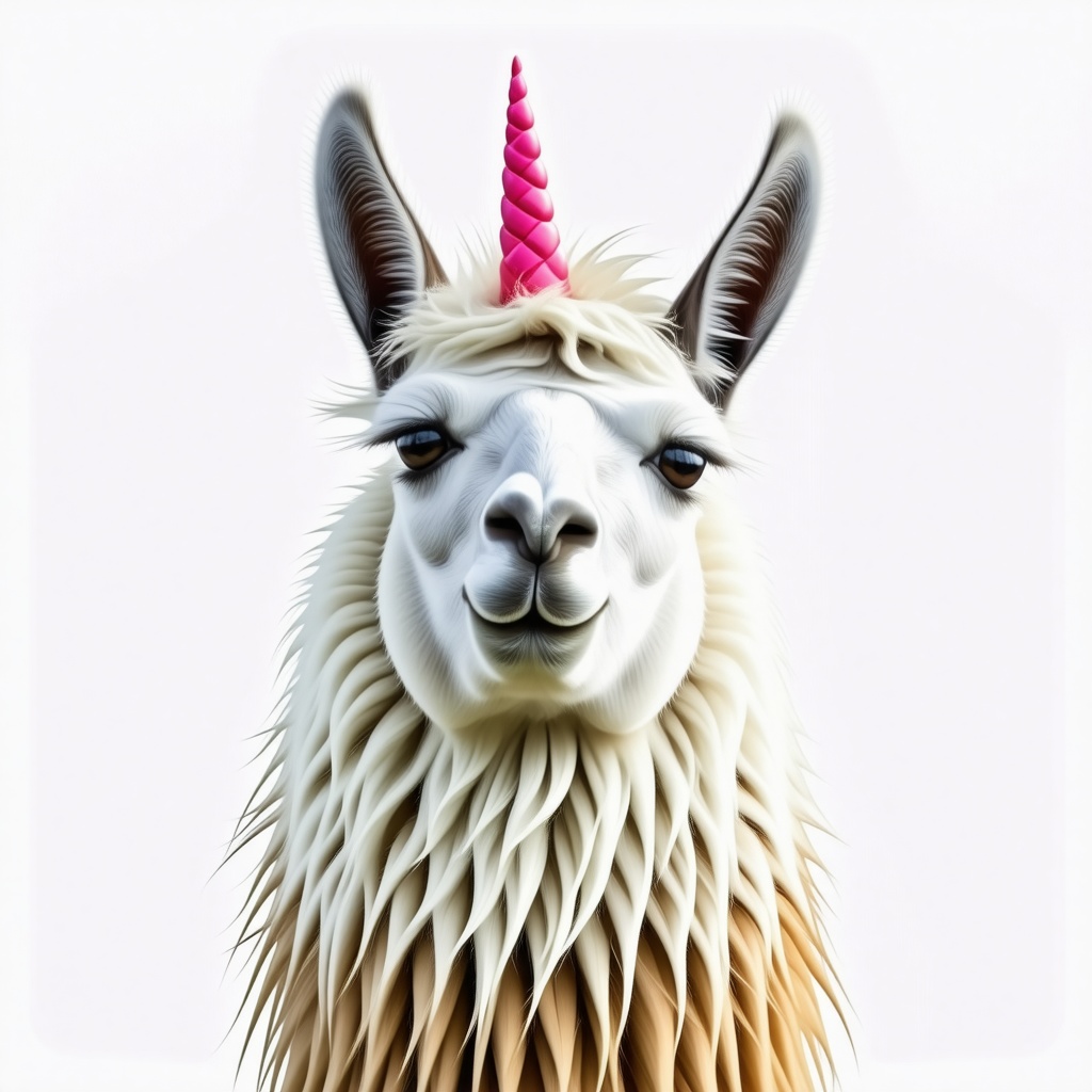 A llama with a pink unicorn horn