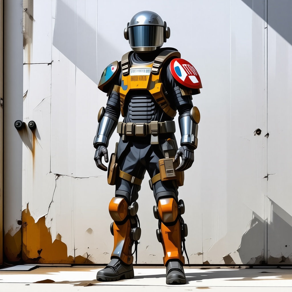 A full-body view of a soldier wearing post-apocalyptic armor made from scraps, with a cooking pot as a helmet, license plates as arm guards, and a stop sign as body armor, set against a plain white background, in a digital art style with a mix of realistic and stylized elements, with dynamic shadows and a sense of grit and wear on the scavenged armor
