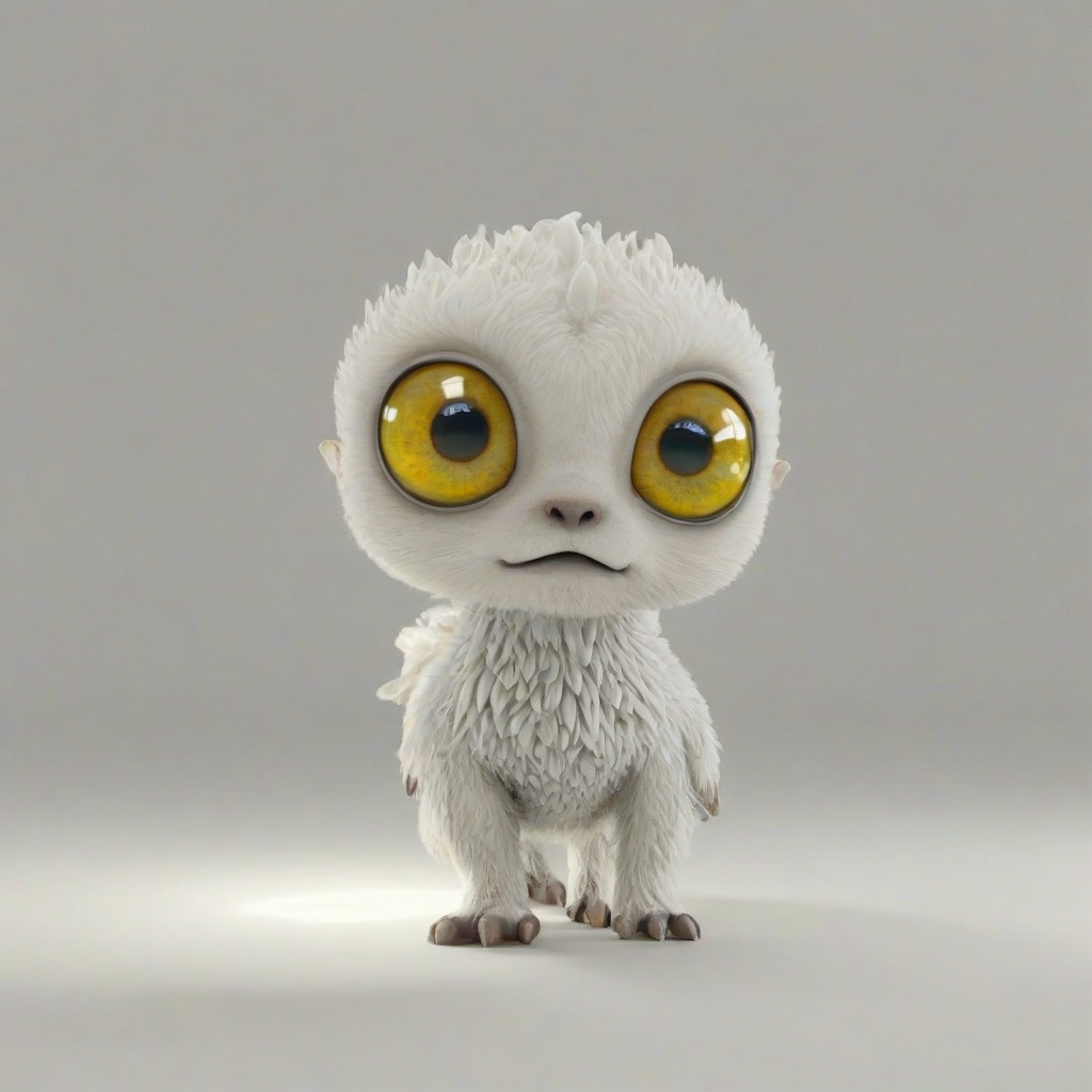 3d animation cute mythical creature, short body, full body visible, large eyes, bright lighting, on a plain white background, even lighting