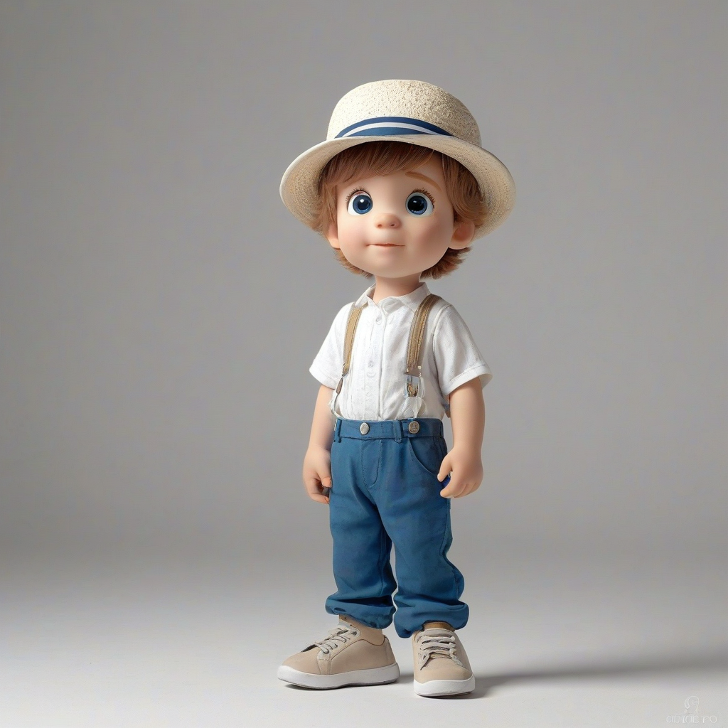A precious moments style boy character, full-body view, with a teardrop eye, wearing blue pants with a white shirt with a hat, standing on a plain white background, with a warm and soft lighting, in a whimsical and dreamy style, with a wide-angle shot, and a focus on the character's facial expression, on a plain white background, even lighting