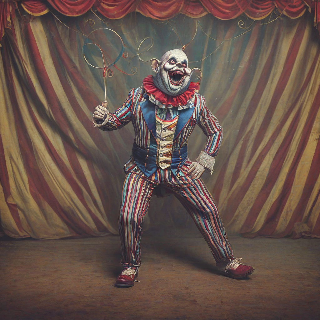Colorful monster performing at circus, full-body view, creepy circus background