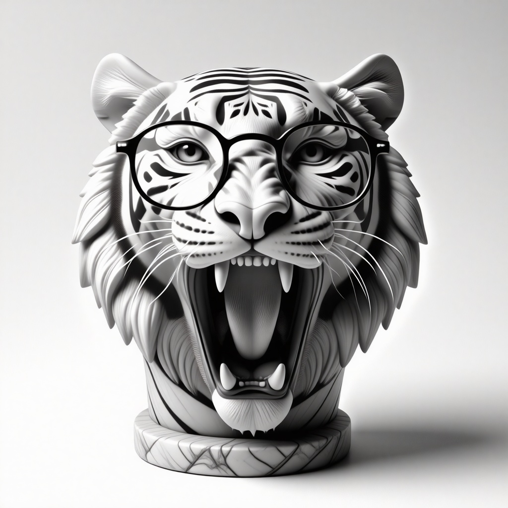A marble statue of a tiger head roaring. The tiger head is wearing large nerdy glasses