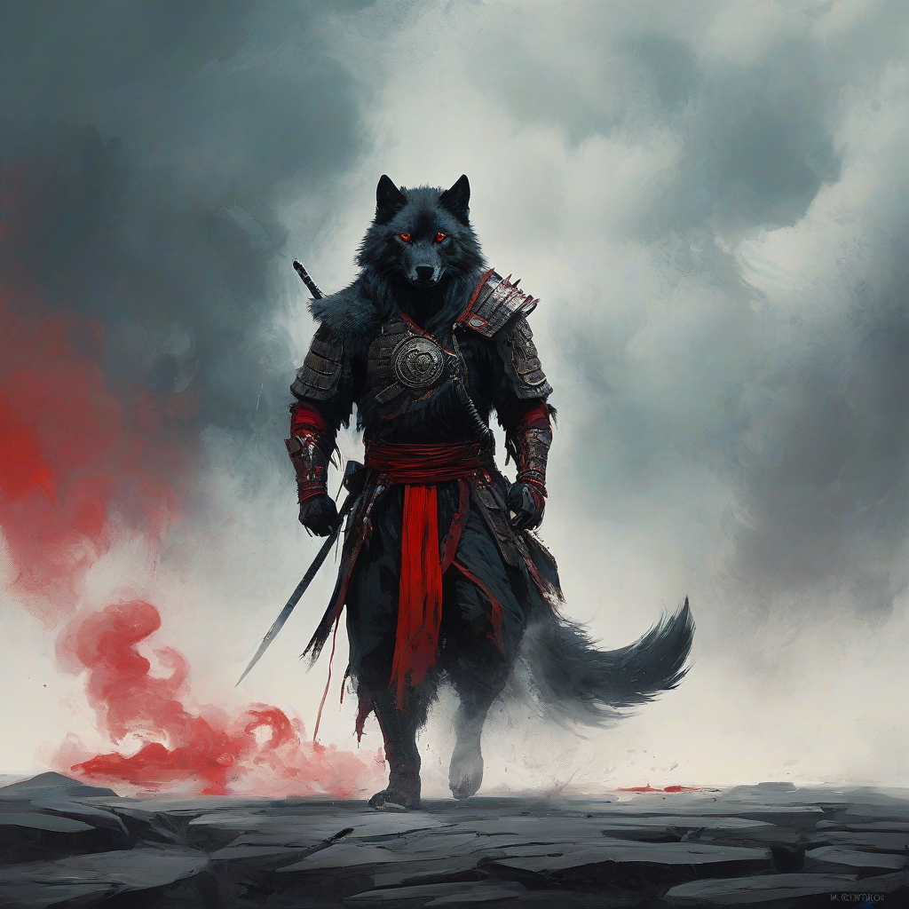 Digital art of a black wolf warrior wearing dramatically billowing robes, the wolf warrior is walking towards the camera, his head is bowed down, vibrant red accent color, dramatically billowing white smoke, Michael Whelan and Jeremy Mann influenced art styles, intense mood