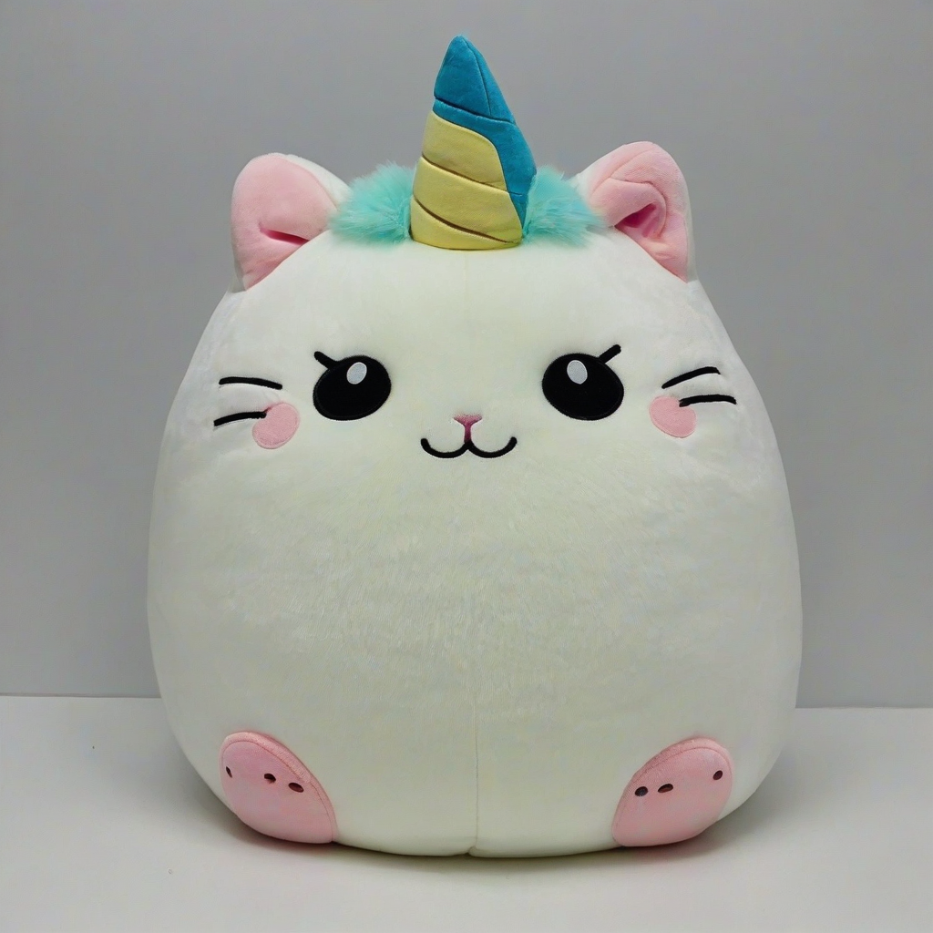 squishmallow stuffed animal, unicorn cat, on a plain white background, even lighting