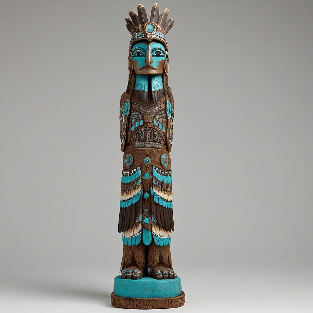 A detailed, realistic totem pole, set against a plain white background, in the style of Pacific Northwest Native American art, with vibrant turquoise feathers and accents, full-body view, wide shot, with intricate carvings and patterns, in a realistic and earthy tone, with a sense of depth and texture