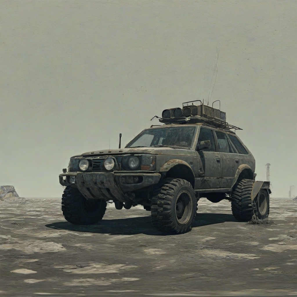 a slate-colored rover in a post-apocalyptic landscape, full-body view, wide shot, on a plain white background, with a dramatic backlight and dynamic shadows, in a digital art style with a focus on textures and gritty details, feet visible, bright lighting, on a plain white background, even lighting