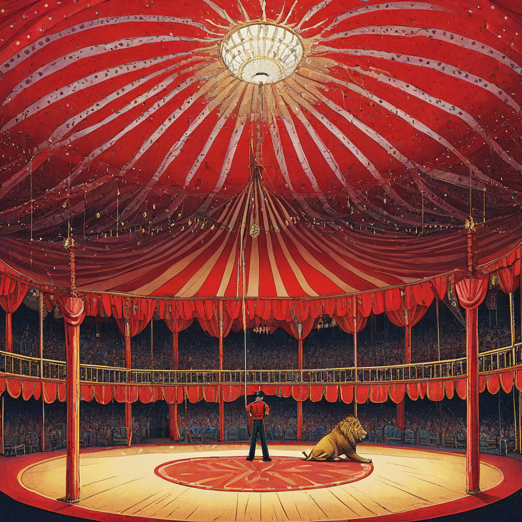 Circus stage under big red tent with lion in the center and the trainer in pointillism style