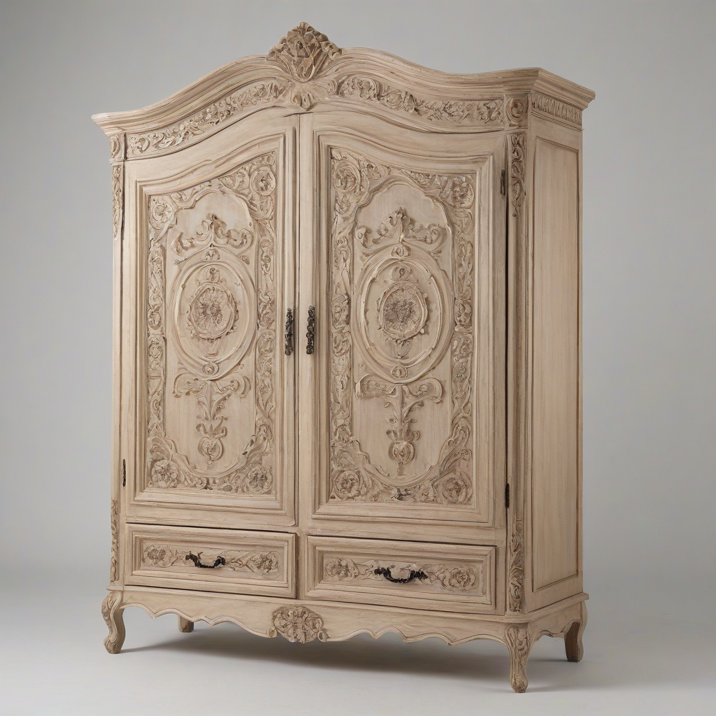 A light wood colored armoire with intricate carvings, in a wide shot,  on a plain white background, in the style of traditional French furniture, with soft, warm lighting and a slight sheen to the wood, on a plain white background, even lighting