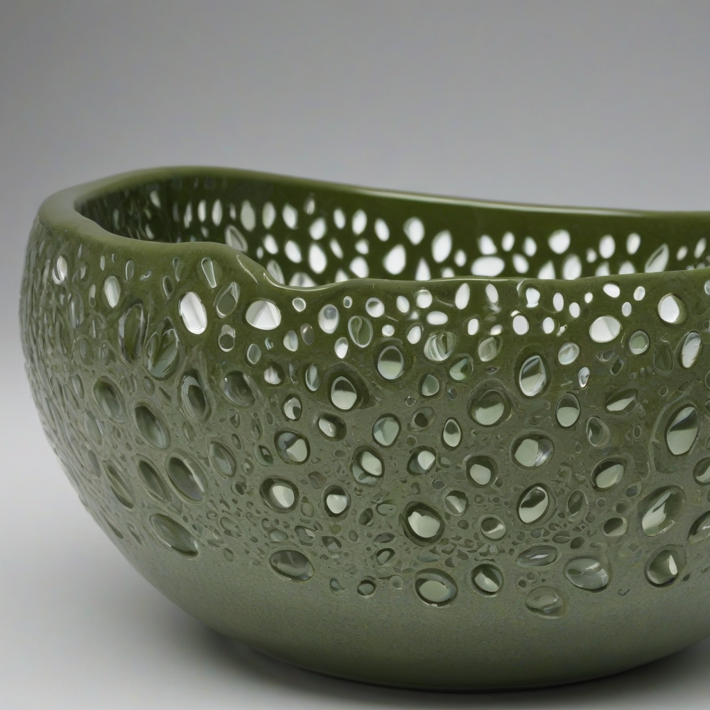 olive green colored, wide mouth bowl, with tear drop infill design, on a plain white background, even lighting