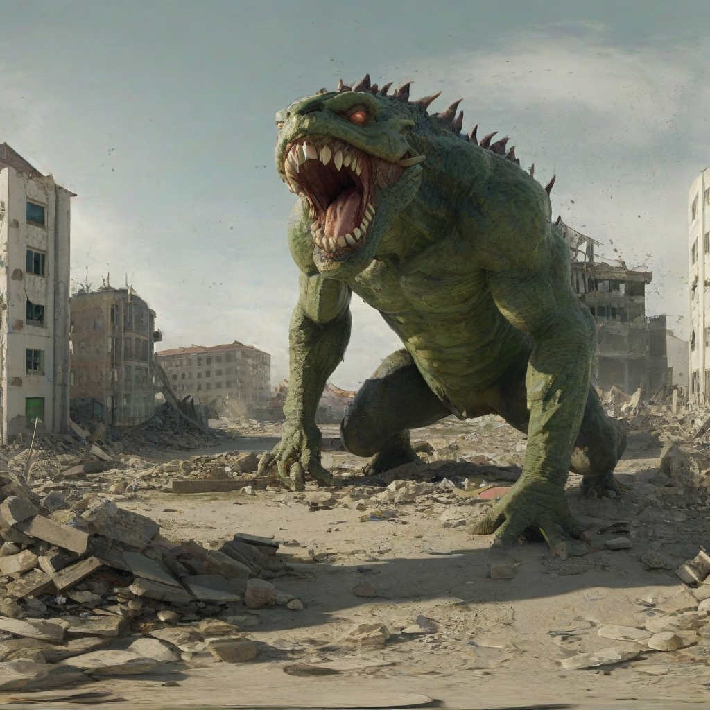 A giant monster, with scaly green skin and sharp teeth, destroying a town in a wide shot, with buildings crumbling and debris flying everywhere, on a plain white background, in a digital art style with dynamic shadows and a backlight