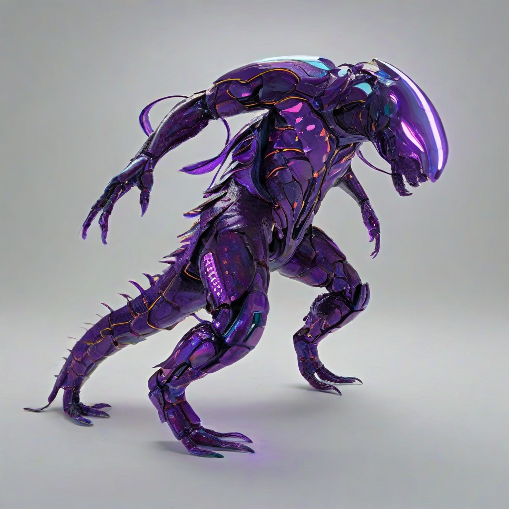 A full-body view of a futuristic, purple, cyberpunk-themed underwater creature, with metallic scales and neon accents, set against a plain white background, in a wide shot with the creature's feet visible, with a dynamic backlight and hard rim light, in the style of a digital illustration with bold lines and vibrant colors, on a plain white background, even lighting