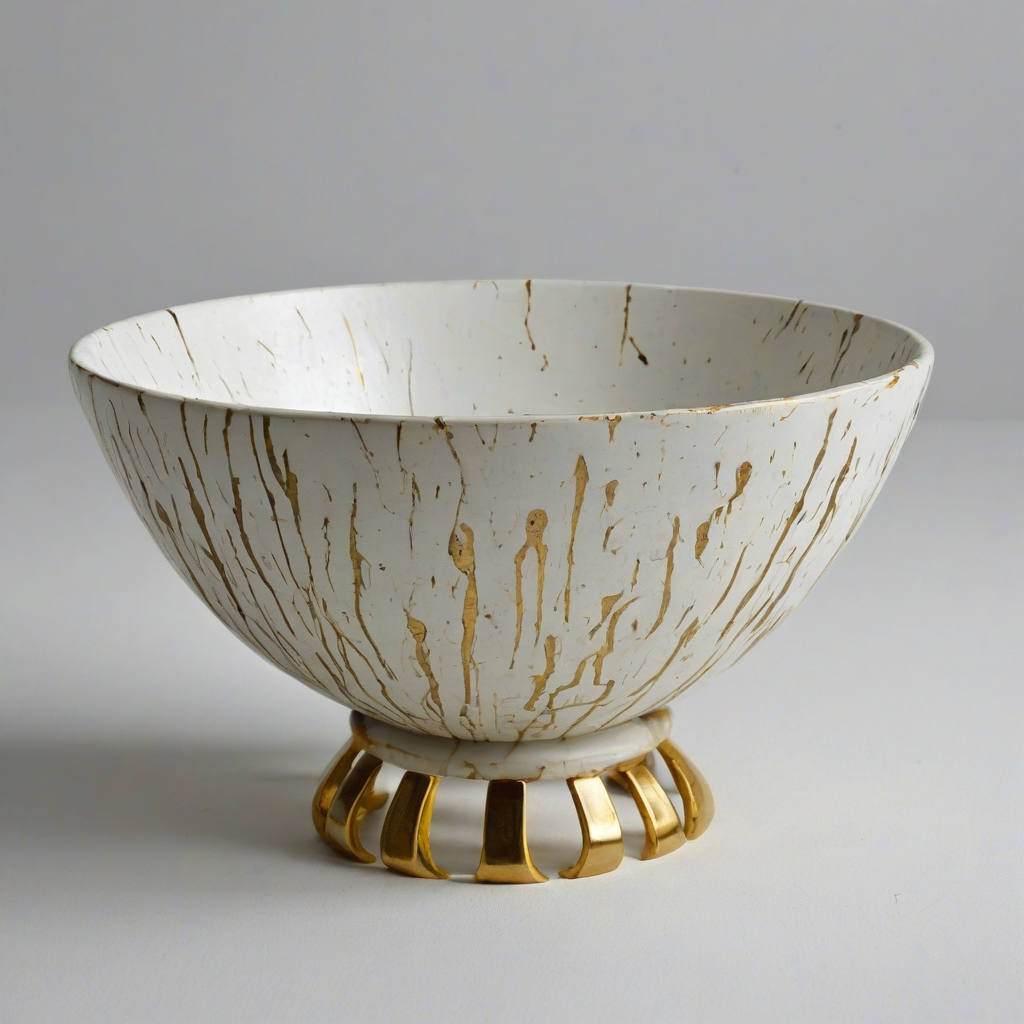 abstract decorative bowl, with gold peg feet, on a plain white background, even lighting