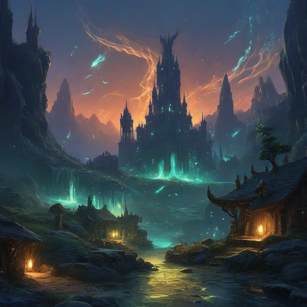 Marc Simonetti style fantasy scene with glowing magic wisps at night