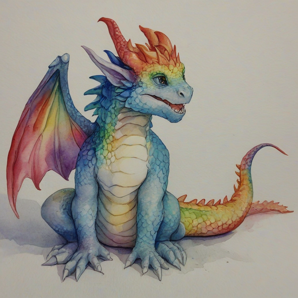 Watercolor of a small rainbow dragon sitting
