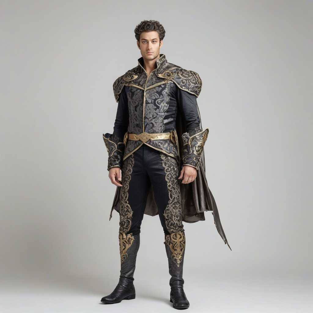 A full-body view of a superhero costume, in the style of Rococo, with a dominant charcoal color scheme, intricate details, and ornate patterns, on a plain white background, with a wide shot and feet visible, on a plain white background, even lighting