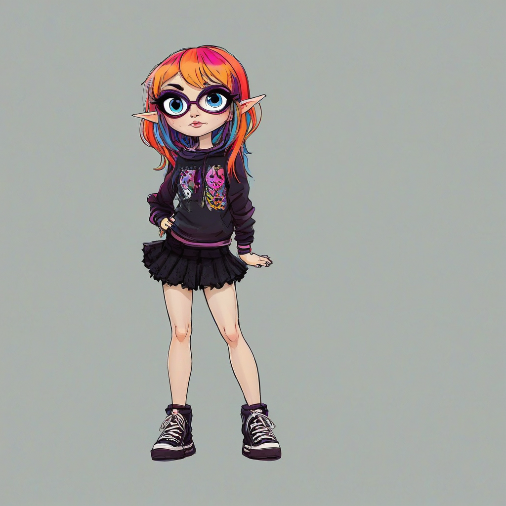 Hand drawn gothic cartoon style female character with different colored hair, and vivid colored clothing, large eyes, exaggerated body proportions, fun and mischievous look to character, full body visible, on a plain white background, even lighting