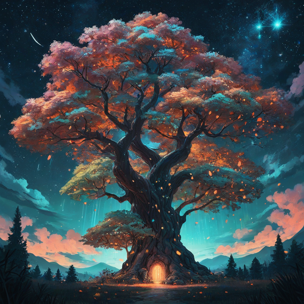 Anime giant tree with turquoise, light green, orange, and pink glowing leaves, fluffy clouds under starry night sky