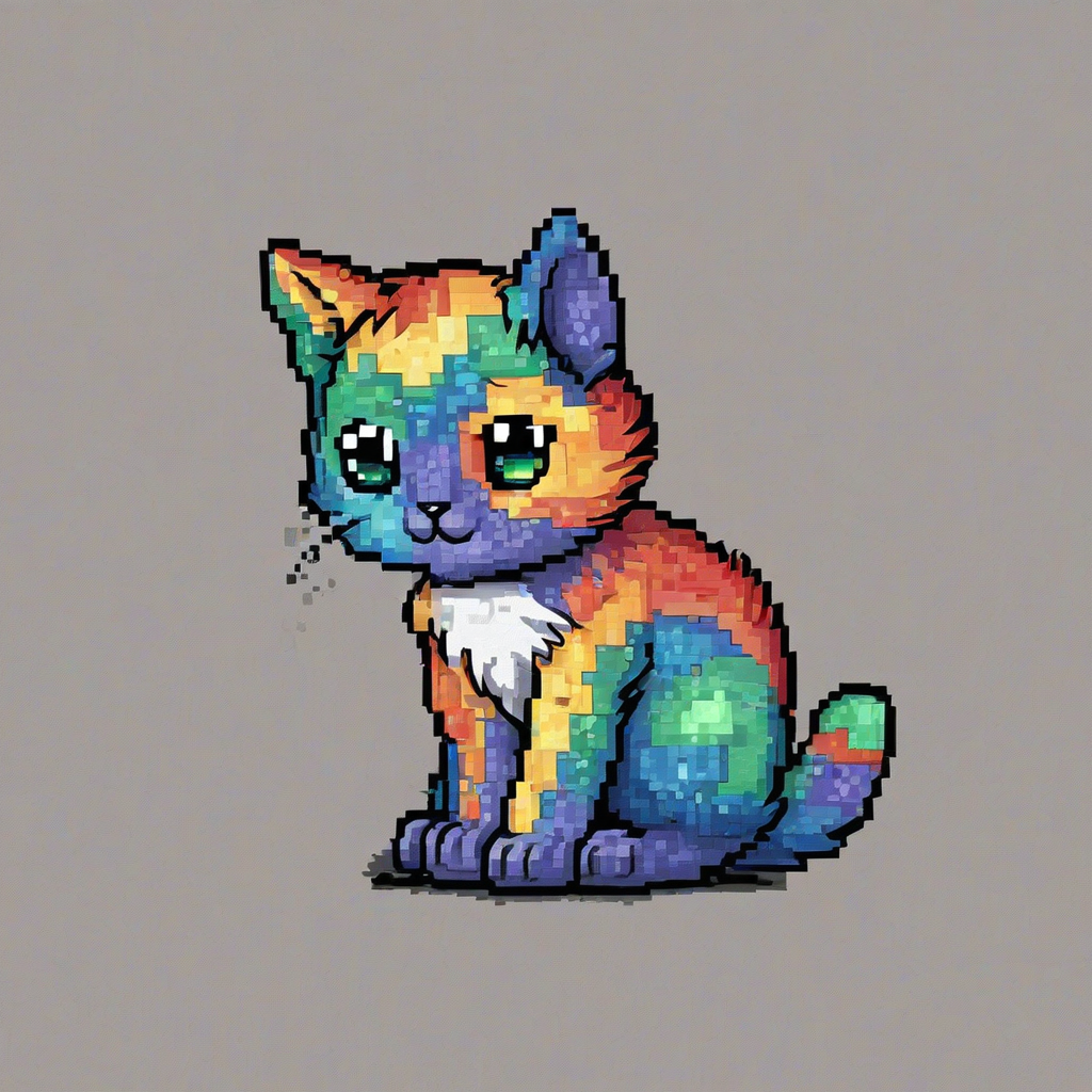Pixel art of a rainbow kitten