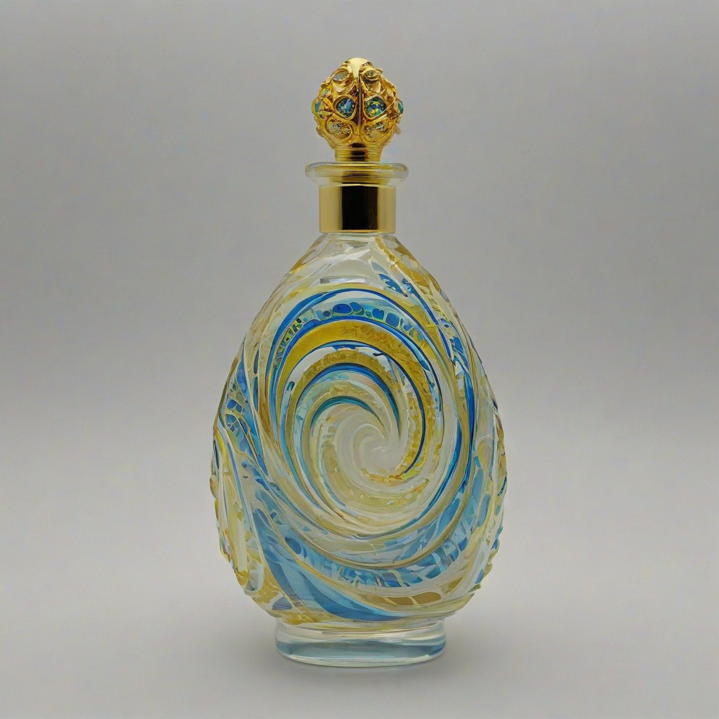 Fancy, decorative, multicolored glass perfume bottle with swirling patterns of blue and gold, on a plain white background, even lighting