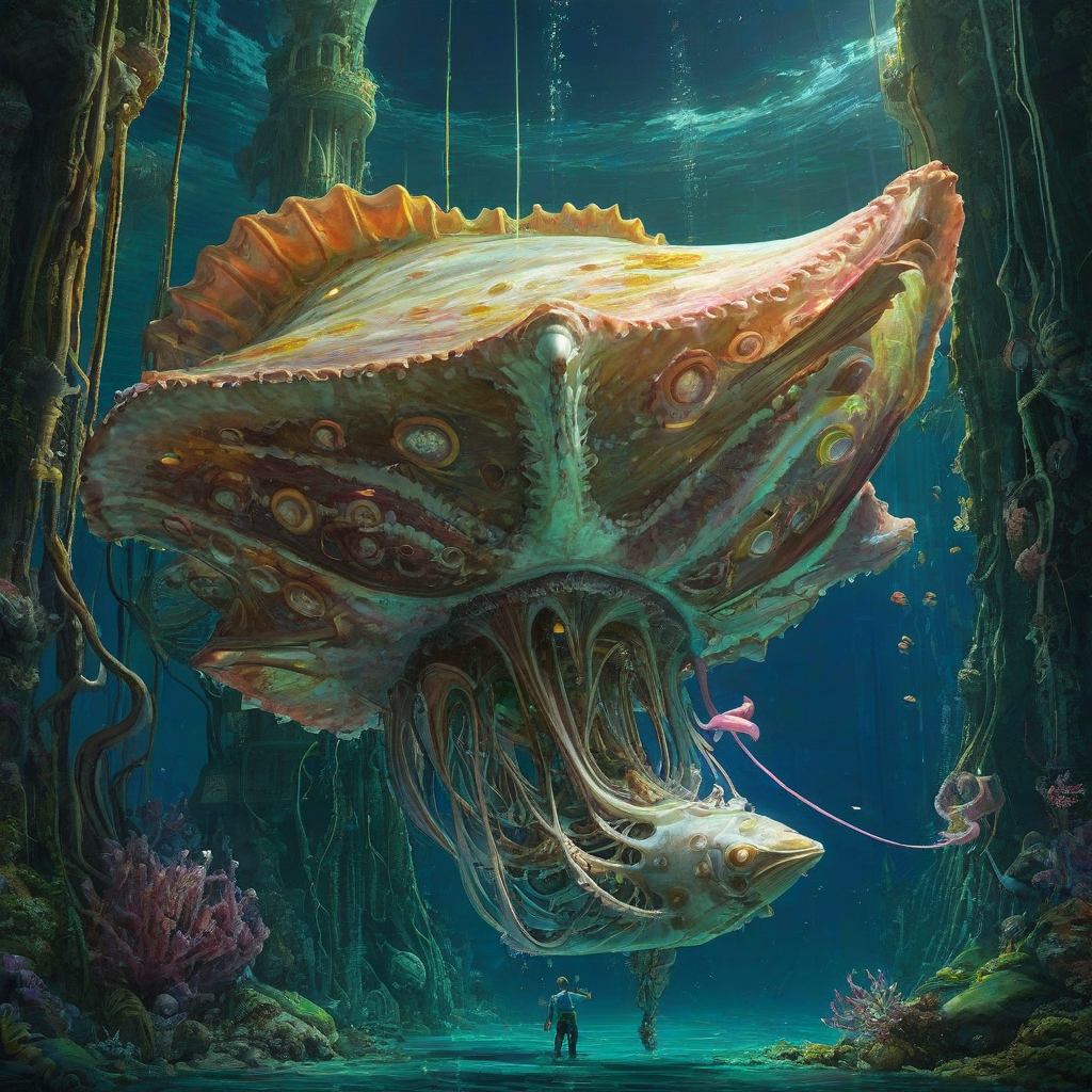 Digital art of a giant conch and squid shaped sci-fi tower under the ocean water, visible window lights in the squid and shell, the squid parts glow with a vibrant light, white, green, gold, and pink accent colors, Michael Whelan and Jeremy Mann art style influence, cheerful mood