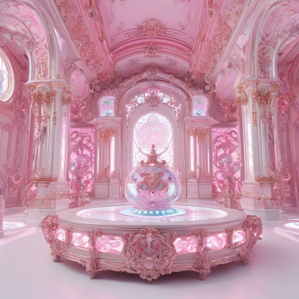 A futuristic, pink, holographic display in a wide shot, with intricate Rococo patterns and ornate details, on a plain white background, with bright, soft lighting and dynamic shadows, in a digital art style