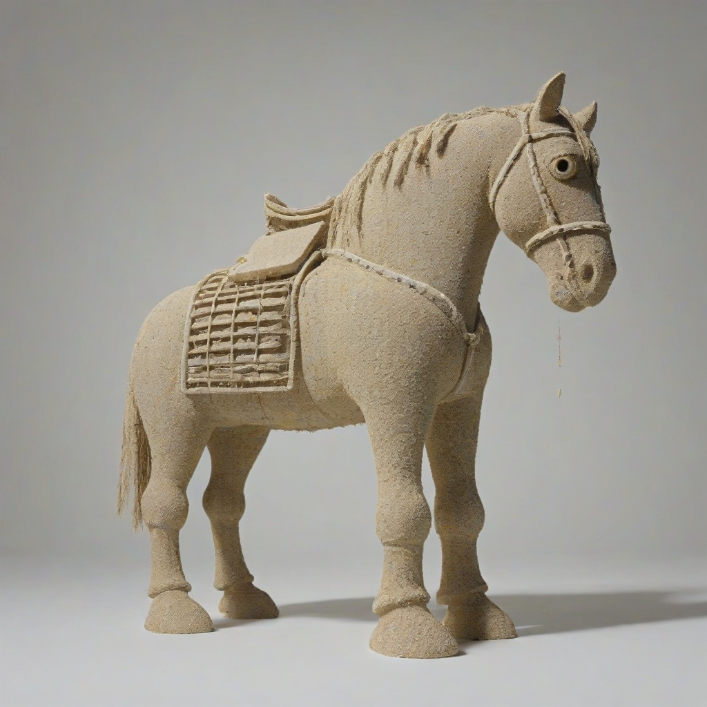 A Trojan horse made out of sand with visible feet, standing on a plain white background under even lighting., on a plain white background, even lighting