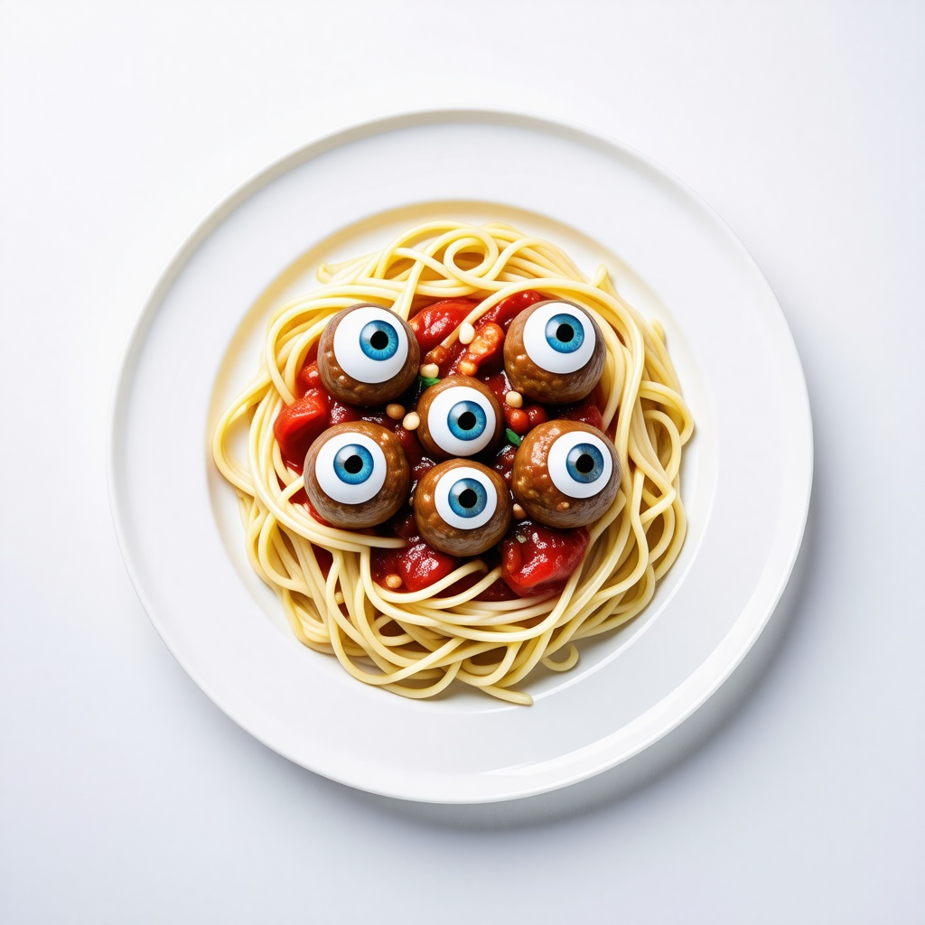 A plate of spaghetti but with six eyeballs instead of meatballs