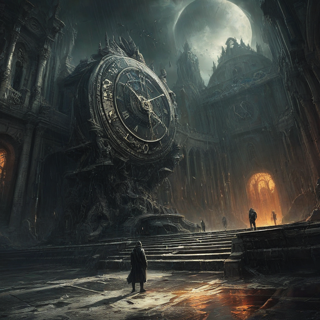 Digital art of the concept of Time, influenced by Raymond Swanland and Andreas Rocha, intense mood