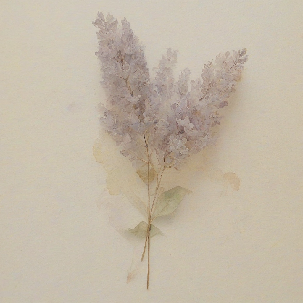 A delicate, dreamy watercolor painting of a lilac, full-body view, with soft, feathery brushstrokes and muted pastel colors, set against a plain white background, in the style of impressionist art, with warm, golden lighting and gentle, whimsical shadows