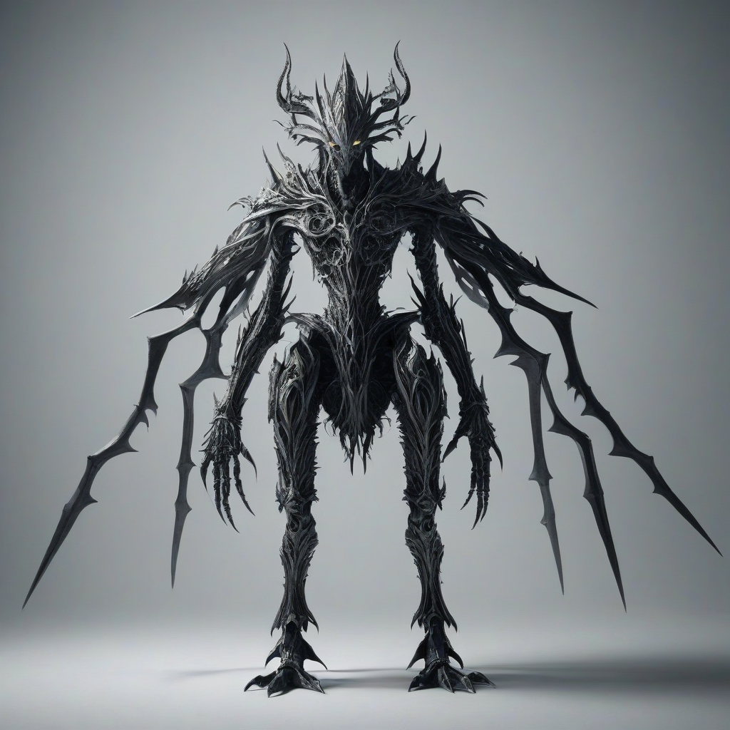 A large, full-body, silver, gothic creature with intricate details, standing on a plain white background, in a wide shot, with dynamic shadows, a hard rim light, and a dark, mystical atmosphere, in the style of a digital illustration, with soft, bright, even lighting.