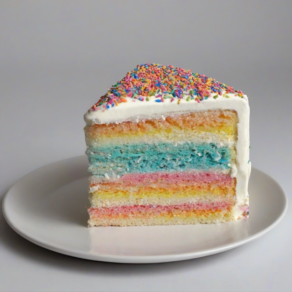 A full-body view of a slice of 3 layer rainbow sprinkle white cake with pink frosting, on a plain white background, with a wide shot and the plate visible, under soft natural light, in a digital art style with bold colors and a slight sheen to the frosting, on a plain white background, even lighting 