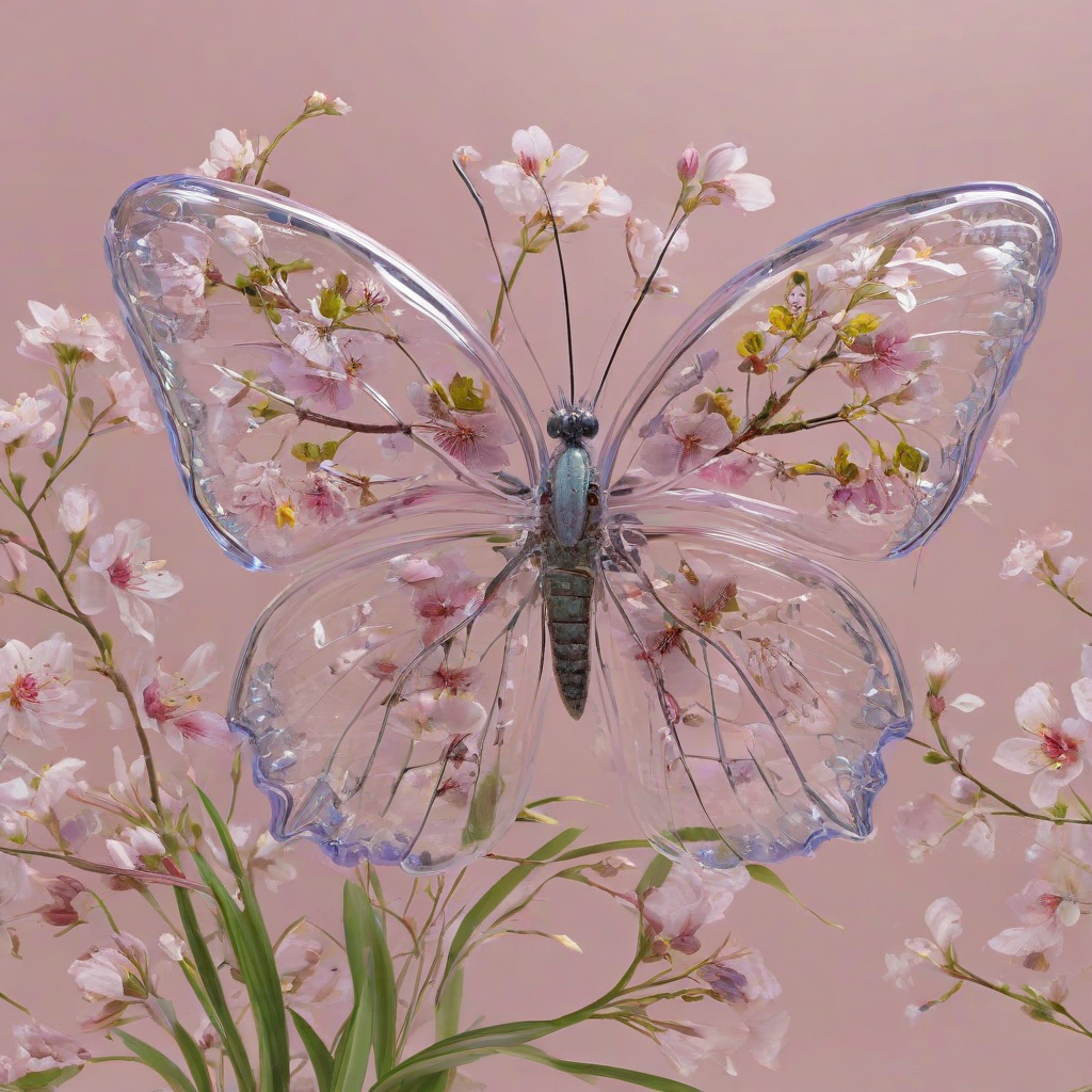 A transparent butterfly filled with delicate spring flowers like cherry blossoms, irises, and wildflowers. Hyper-realistic 3D render, soft lighting and reflections, minimal aesthetic, set against a pale pink backdrop, whimsical botanical design, elegant and surreal composition