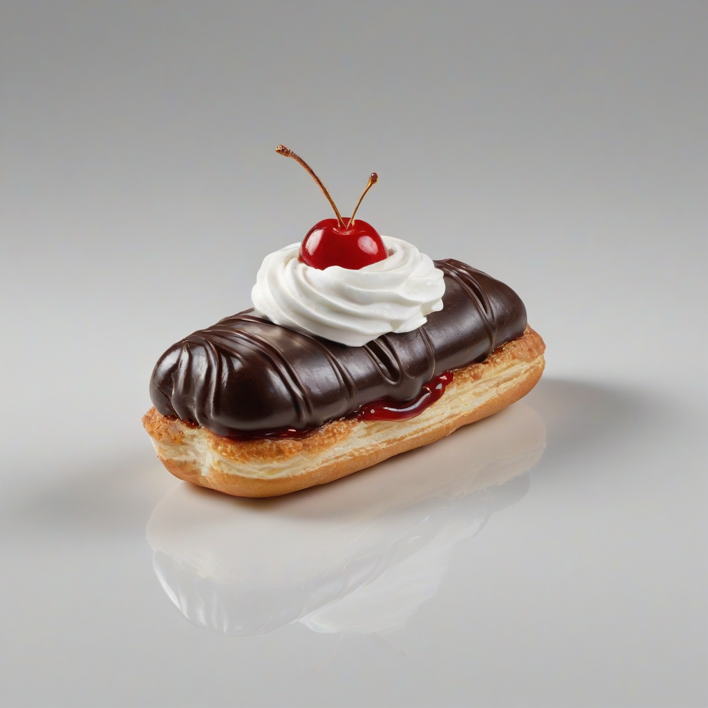A delicious eclair pastry with a smooth, rich chocolate frosting, topped with a dab of fluffy whipped cream and a single, bright red maraschino cherry, on a plain white background, full-body view, with the eclair centered and the background completely white, in a photorealistic style with soft, natural lighting, on a plain white background, even lighting 