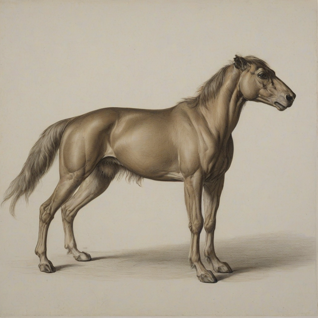 full-body view of a quadruped, Renaissance style, on a plain white background, even lighting, in a muted earthy tone