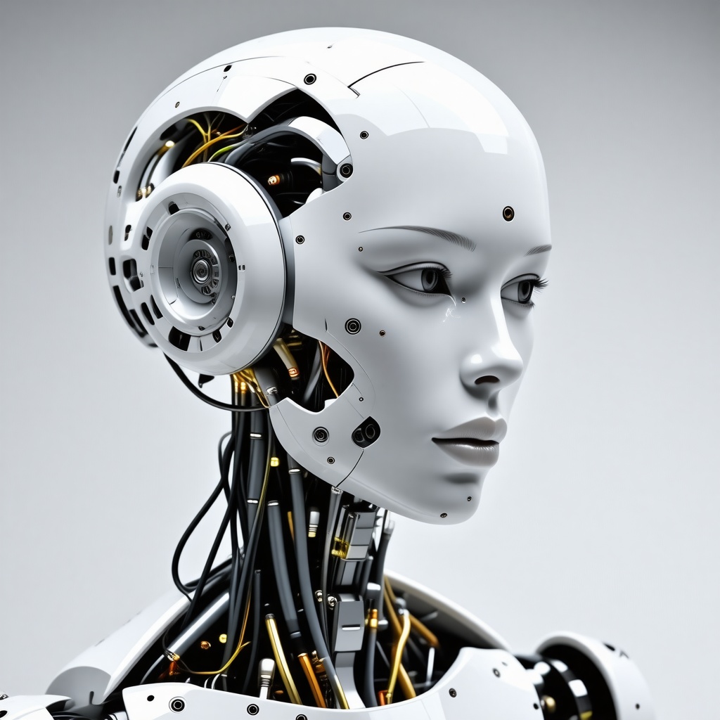 A humanoid robot a with sleek white exterior and a face made out of clear glass that shows a human brain connected to several wires encased inside the robot's face.