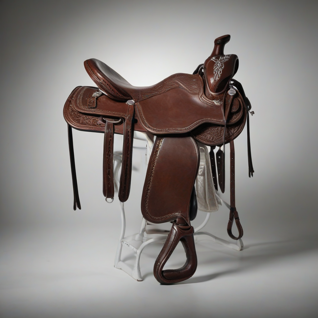 A high-quality, full-body view, leather horse saddle with intricate stitching, silver accents, and detailed stirrups, on a plain white background, with a wide shot and feet visible, in a photography style with dynamic shadows and backlight, on a plain white background, even lighting 