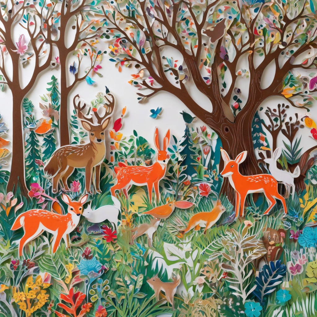 A colorful paper cutout art of a forest scene with various animals such as deer, rabbits, foxes, and birds, in a whimsical and intricate design, with bold lines and vibrant colors, set against a plain white background, in a full-body view, with the animals visible from head to toe, in a wide shot, with the forest floor and trees visible in the background