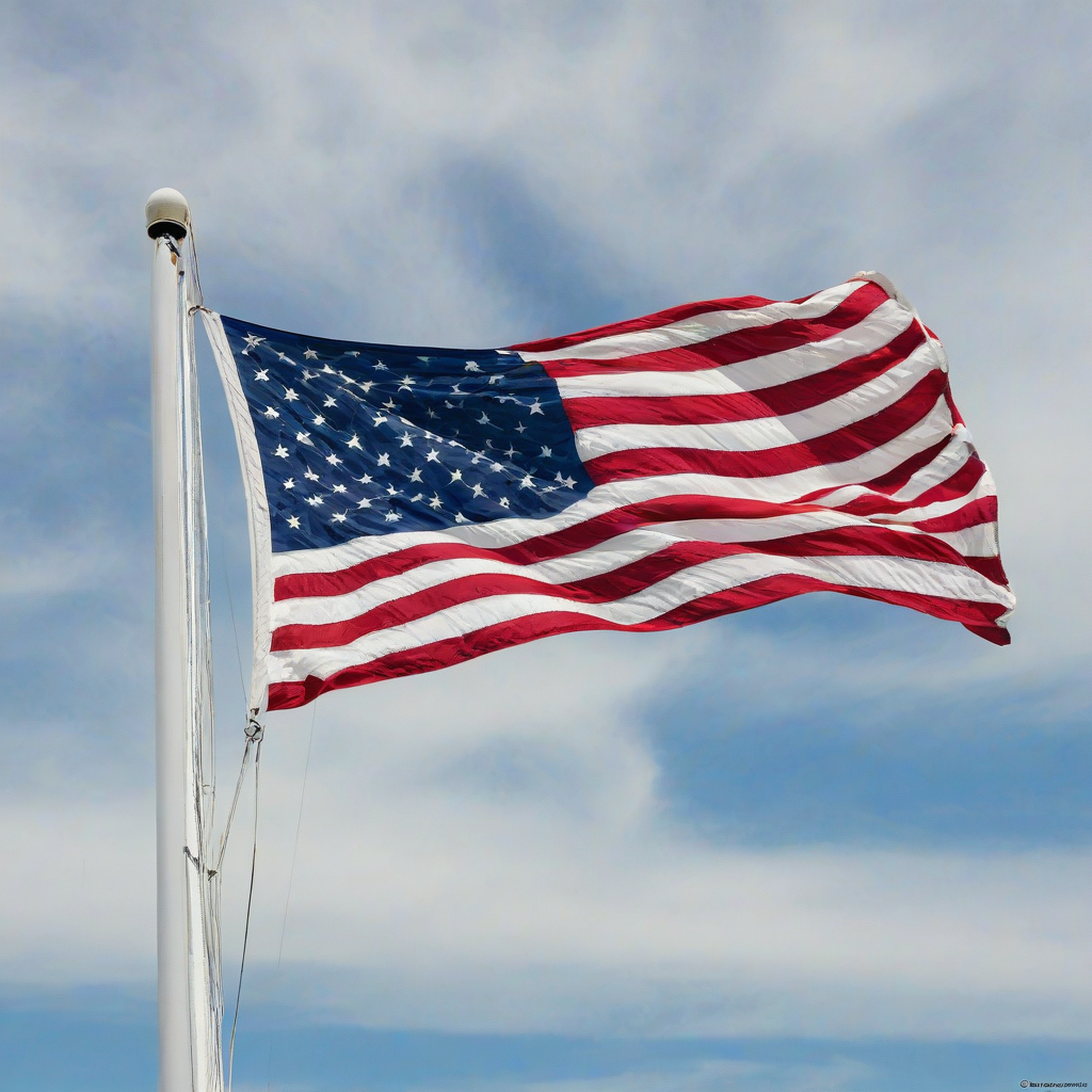 A full-body view of a large American flag waving in the wind, with the stars and stripes clearly visible, on a plain white background, in a wide shot, with the flag's fabric flowing dynamically in the breeze, under a bright blue sky with a few white clouds, in a digital art style with bold lines and vibrant colors, on a plain white background, even lighting
